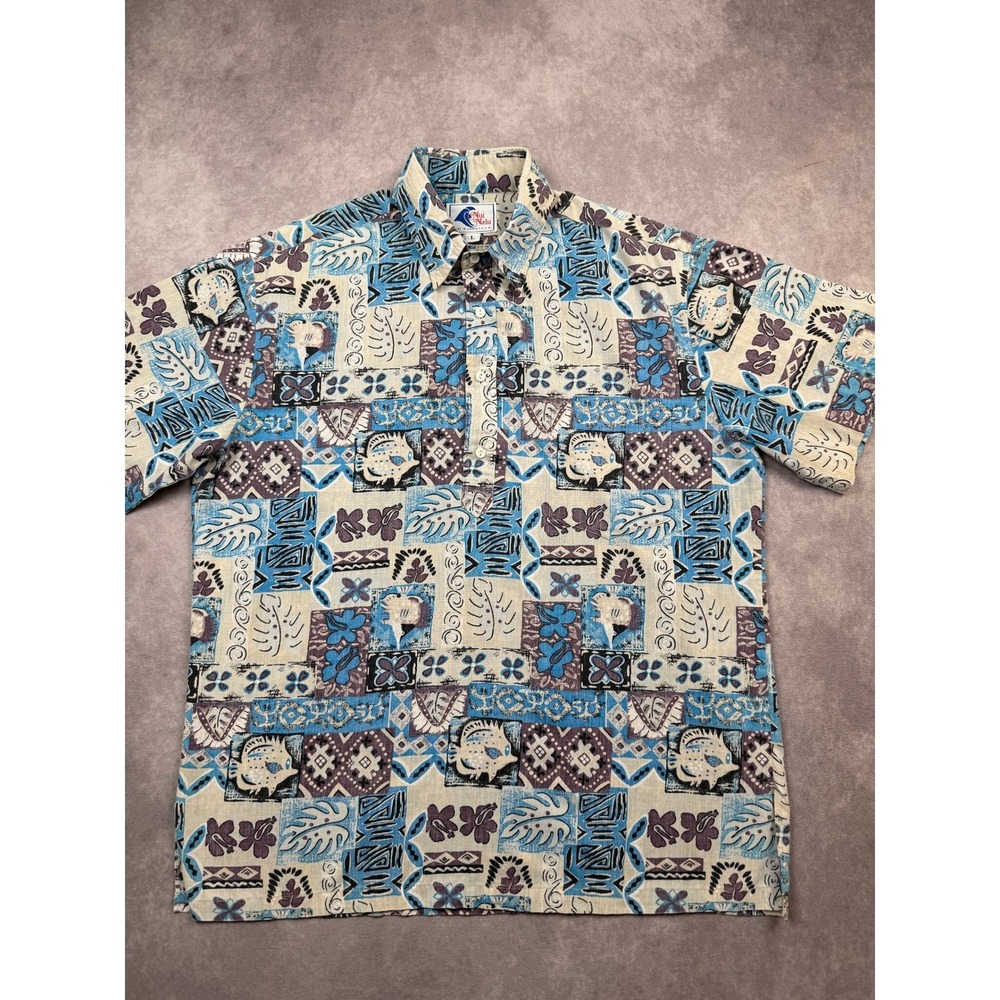 Nui Nalu Mens Blue Tribal Fish Block Print Hawaiian Popover Shirt Large Hawaii
